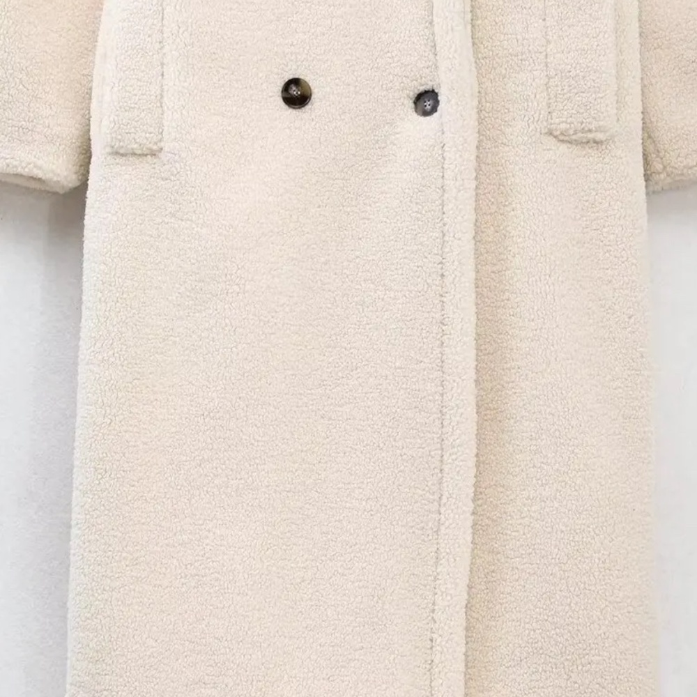 Teddy Long Coat in Cream - Women's Double-Breasted Teddy Jacket - Picture 8 of 12